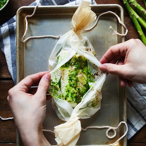 Fish Parchment Recipes That Are Quick and Easy | Brit + Co En Papillote Recipes, Papillote Recipes, Steam Seafood, Potatoes Asparagus, Potatoes And Asparagus, Slow Cooker Stew, Steamed Fish, Herb Sauce, Aromatic Herbs