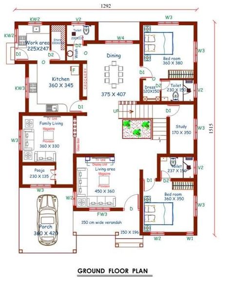 Casas Country, Budget House Plans, 2bhk House Plan, Pelan Rumah, Bungalow Floor Plans, Indian House Plans, Free House Plans, Courtyard House Plans, 4 Bedroom House Plans