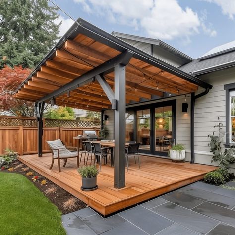 Wood_covered_patio_ideas_attached_to_house 13 Covered Patio Attached To House, Budget Backyard Patio, Diy Budget Backyard, Patio Attached To House, Covered Pergola Patio, Landscaping Hacks, House Backyard Ideas, Covered Patio Ideas, Front Yard Walkway