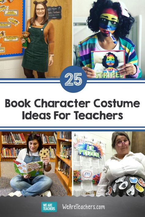 25 Amazing Book Character Costume Ideas For Teachers Book Character Halloween Costumes For Teachers, Kids Books Character Costumes, Dress Like A Storybook Character Teacher, Teacher Halloween Costumes Book Characters, Librarian Halloween Costume Ideas, Dress Up Like A Book Character Easy, Pregnant Book Character Costumes, Book Related Halloween Costumes, Prek Book Character Costumes