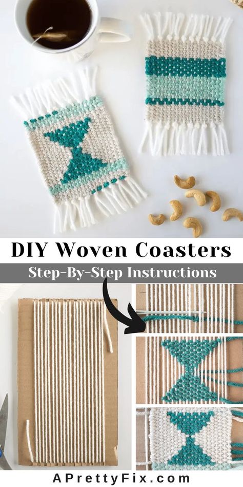 DIY woven coasters tutorial for beginners. #diy #coasters #woven Small Weaving Projects Ideas, Small Weaving Projects, Doodle Weaving, Kids Weaving Projects, Lap Loom, Yarn Art Projects, Woven Coasters, Wall Weaving, Easy Yarn Crafts