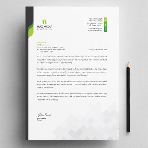 Modern company letterhead with green ele... | Premium Vector #Freepik #vector #background Letterpad Design Business, Official Paper Design, Contract Design Layout, Headletter Design, Company Paper Design, Letter Paper Design, Modern Letterhead Design, Letterhead Design Inspiration, Professional Letterhead Template