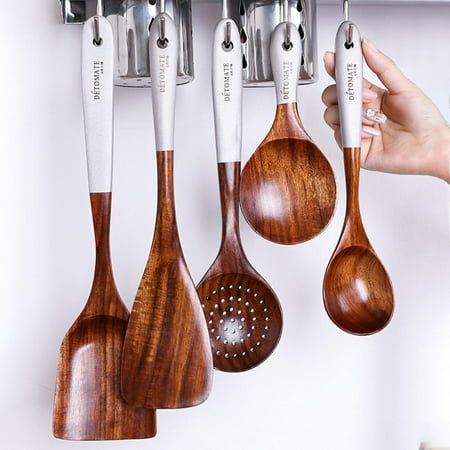 Features: 1.HEALTHY COOKING UTENSILS: Made of eco-friendly teak wood, Food safe! Non-Toxic and easy to clean! Non-stick pan special kitchen utensils, the best material for cooking utensils. 2.Wood utensil meet all your cooking needs, durable solid wood kitchen utensils. Strainer Spoon, Spatula. Covers all your kitchen needs from stirring to cooking, and with hanging holes for wall storage easily. 3.EASY TO CLEAN: Easily clean the wooden cooking set by handwashing with mild detergent and let it d Wood Cooking Utensils, Wood Kitchen Utensils, Wooden Cooking Utensils, Solid Wood Kitchens, Wooden Kitchen Utensils, Natural Teak Wood, Cooking Tool, Cooking Utensils Set, Kitchen Utensil Set