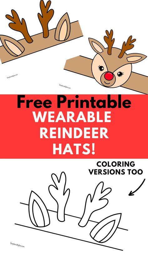 Christmas Free Printable Reindeer Hats to wear Reindeer Hat Template Free Printable, Reindeer Hat Craft, Free Printable Reindeer, Party Hat Template, Deer Headband, Reindeer Noses, Reindeer Hat, Hat Template, Reindeer Headband