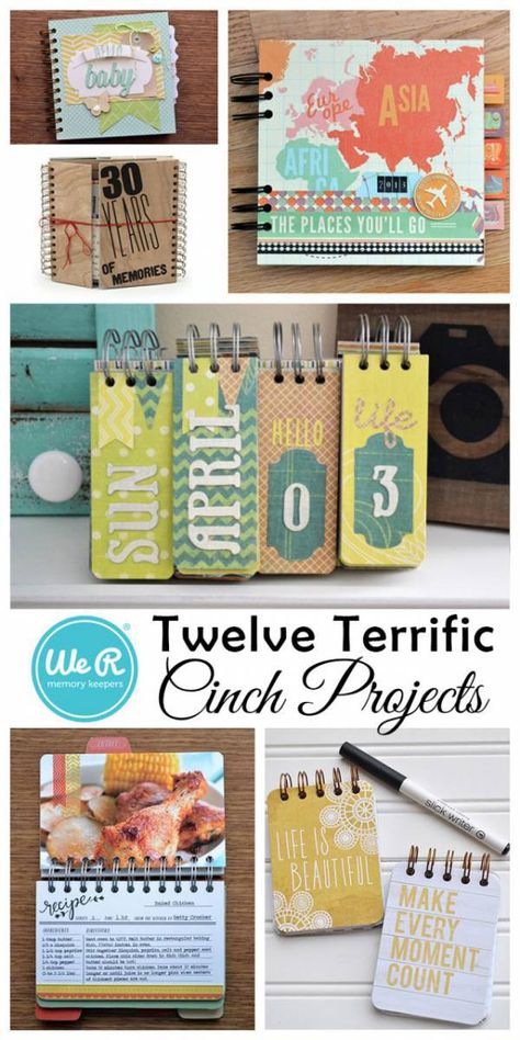 Do you have a Cinch or Bind-it-All spiral binding machine sitting gathering dust? (*raises hand*). Well dust it off and get busy making one or more of these 12 terrific binding projects. Many of them Cartonnage, Cinch Projects, Diy Albums, Memory Book Diy, Binding Tool, The Cinch, Baby Mini Album, Binding Machine, We R Memory Keepers