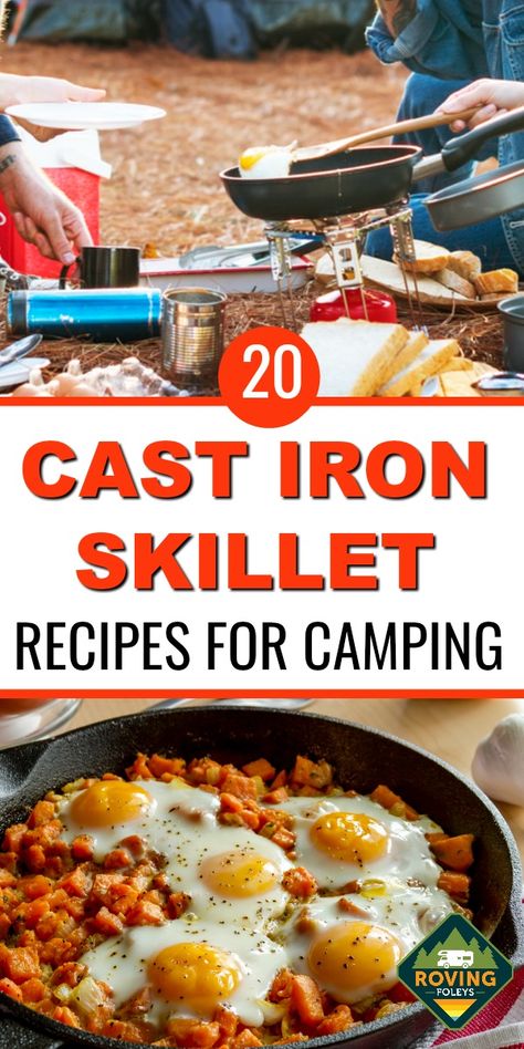 Try these awesome cast iron skillet camping recipes on your next camping trip.  We have included some awesome breakfast, lunch, dinner and dessert meals that are easily cooked in a cast iron skillet over a campfire or grill, thus making the chore of cooking much more fun!  #castiron #castironrecipes #campingmeals #campingfood Cast Iron Over Fire Recipes, Cast Iron Campfire Cooking Recipes, Campfire Cooking Cast Iron, Camping Skillet Breakfast, Breakfast Pizza Cast Iron Skillet, Cast Iron Over The Fire Recipes, Southern Cast Iron Recipes, Cast Iron Skillet Recipes For Camping, Cast Iron Skillet Campfire Recipes