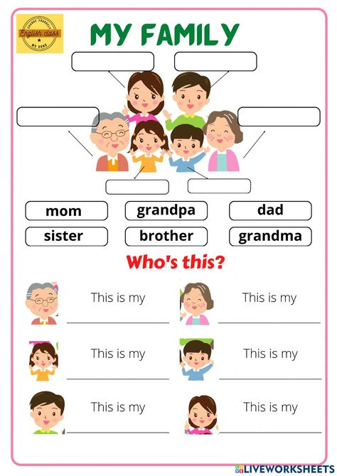 Family members online activity for Grade 2. You can do the exercises online or download the worksheet as pdf. Materi Bahasa Inggris, Teach English To Kids, English Worksheets For Kindergarten, Family Worksheet, Grammar For Kids, Kindergarten Reading Activities, English Activities For Kids, English Exercises, The Worksheet