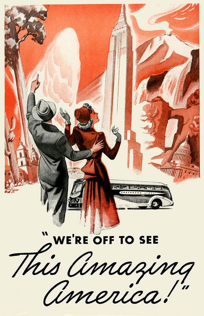 We're off to see this amazing America! 1940's vintage sign Vintage Travel Posters, Vintage Bus, Travel Ad, Greyhound Bus, Travel Ads, Travel Tags, Wall Hanging Art, Bus Travel, Vintage Americana