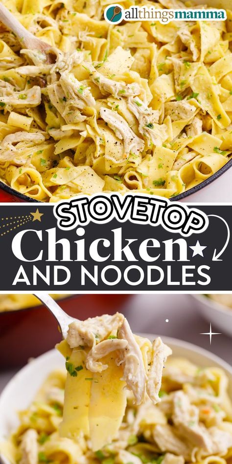 Stovetop Chicken and Noodles social collage graphic Stovetop Chicken And Noodles, Stovetop Chicken And Rice, Defrost Chicken Quickly, Easy Stovetop Chicken, Easy Chicken And Noodles, Homemade Chicken And Noodles, Chicken And Noodles Recipe, Defrost Chicken, Creamy Chicken And Noodles