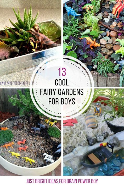 Fairy gardens for boys? YES! We found boy-friendly choices including dinosaur gardens, Star Wars, pirates, trains, zoo animals and more. Reggio Emilia, Fairy Garden Ideas Diy, Boys Garden, Kids Fairy Garden, Dinosaur Garden, Faeries Gardens, Fairy Garden Diy, Backyard Fun, Gnome Garden