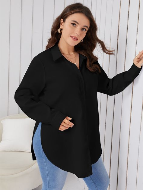 Black Casual  Long Sleeve Polyester Plain Shirt Embellished Non-Stretch Spring/Fall Plus Size Tops White Shrug, Ribbed Turtleneck Top, Curved Hem Shirt, Blush Pink Blouse, Paisley Print Blouse, Fall Plus Size, Boho Tunic Tops, Plain Shirt, Hem Blouse