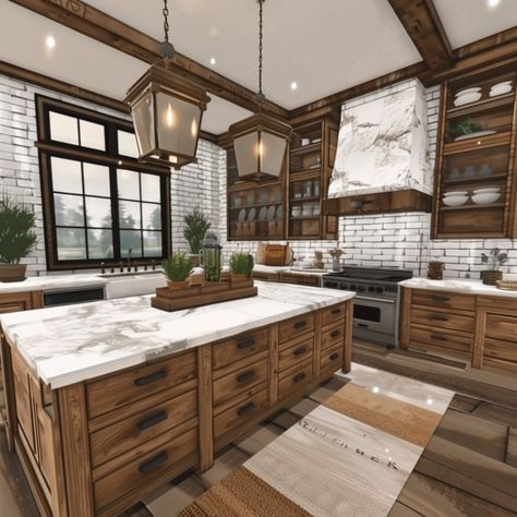 30+ Bloxburg Kitchens to Sparkle Creativity Bloxburg Kitchen Ideas Traditional, Bakery Bloxburg, Cabin Kitchens Rustic, Bloxburg Farm, Bloxburg Kitchens, Cozy Cabin Kitchen, Blockburg House, Bloxburg Modern Kitchen, Blocksburg House