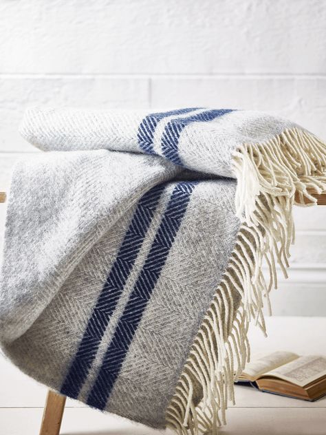 Luxury Throws & Blankets, Cotton, Wool, Faux Fur Sofa & Bed Throws UK Striped Bedding, French Stripes, Luxury Throws, Blue French, Wool Cushion, Blue Throws, Blue Home Decor, Wool Throw, Selling Furniture