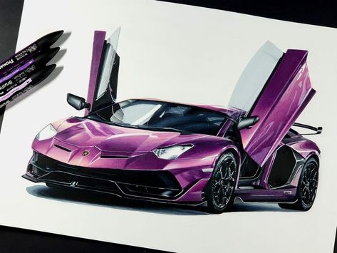 Realistic car drawing of a Lamborghini Aventador SVJ in viola SE30 from the side and a bit of the front. The car has beautiful reflections of the lighting of a parking garage. The reference photo is by tfjj. This drawing is made with colored pencils and alcohol markers. How To Draw Cars, Car Drawing Pencil, Draw Cars, Markers Drawing Ideas, Drawing Cars, Blending Colored Pencils, Cool Truck Accessories, Lamborghini Aventador Svj, Cars Drawing