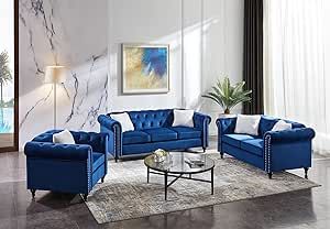 Velvet Living Room Furniture, Blue Sofa Set, Velvet Sofa Set, Chesterfield Style Sofa, Velvet Living Room, Living Room Sofa Set, Furniture Sofa Set, Single Sofa Chair, 3 Piece Sofa