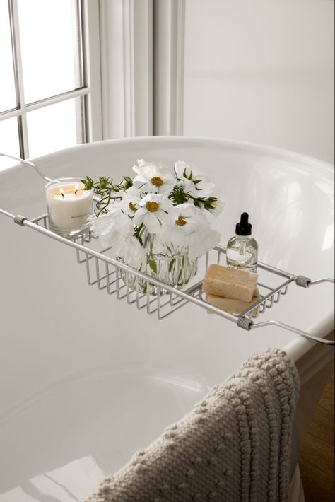 Bath Rack Styling, Bath Caddy Styling, Sea Candle, Mcgee Studio, Sea Candles, Classic Vase, Stunning Aesthetic, Bathtub Caddy, Staging Ideas