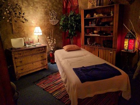 Spiritual Massage Room, Dark Massage Room Ideas, Cozy Massage Room, Massage Space Design, Massage Therapy Vision Board, Dark Massage Room Aesthetic, Massage Therapist Room Ideas, Vintage Massage Room, Healing Office Space