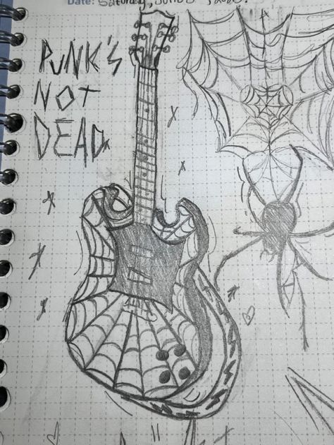 Spider Punk Guitar Drawing, Spider Punk Sketch, Spider Punk Drawing, Punk Drawing, Spiderman Sketches, Guitar Sketch, Cute Sketchbooks, Spiderman Comic Art, Spider Punk