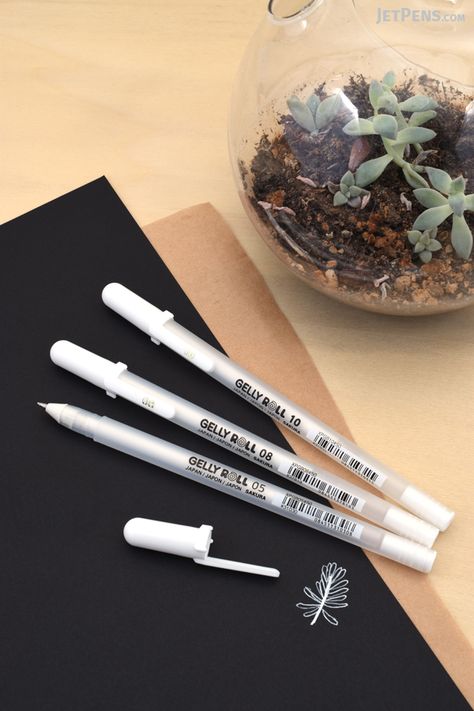 The classic Sakura White Gelly Roll Gel Pen now comes in additional tip sizes! White Ink Pen, Journaling Pens, Sakura Pens, Pretty School Supplies, Art School Supplies, Black Paper Drawing, Fine Point Pens, Art Painting Supplies, Pretty Pens