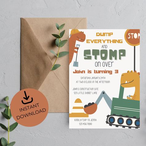 Dino Construction Invite | Dinos and Diggers | Boy Birthday Invite | Construction Party Invite | Dinosaur Invite | Editable Invitation by EverlyGracePaperCo on Etsy Envelope Addressing, Construction Party Invite, Construction Theme Birthday, Digger Party, Envelope Addressing Template, Boy Party Invitations, Construction Theme Birthday Party, Construction Theme, Birthday Party Invite
