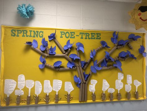 Poetry bulletin board Poetry Bulletin Board Ideas, Poetry Month Bulletin Board, Poetry Bulletin Board, Creative Book Report, Art Bulletin Boards, Ra Boards, National Poetry Month, Poetry Month, Art Children