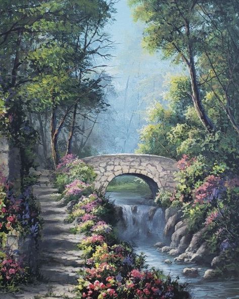 Nature Beauty Painting, Scenery Painting On Wall, Beautiful Landscapes To Draw, Beautiful Forest Art, Bridge Oil Painting, Natural Beauty Drawing, Bridge Landscape Painting, Water Painting Scenery, Detailed Landscape Painting