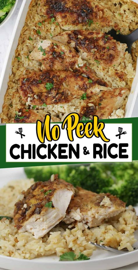 Looking for an easy yet satisfying dinner? Our No-Peek Chicken and Rice recipe is a must-try - just combine the ingredients, pop it in the oven, and let it do its magic! No fuss, all flavor - this comforting meal has tender chicken, creamy fluffy rice and flavorful seasonings. One Pan Chicken Rice Dinner, No Peeking Chicken And Rice, Chicken Rice Oven Recipes, Oven Baked Chicken Breast And Rice, Baked Chicken Tender Casserole Recipes, Chicken And Rice Baked In Oven Easy, No Peek Chicken With Minute Rice, Chicken Tenders And Rice Recipes, Chicken Rice Oven Bake