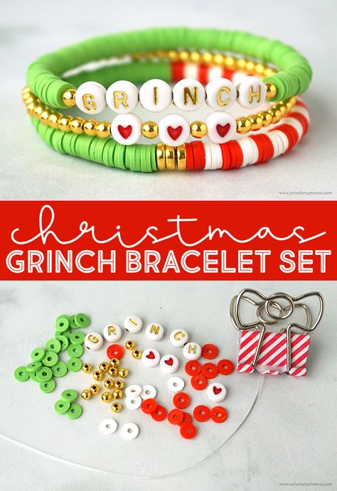 Christmas Bead Bracelets Diy, Grinch Diy Gift Ideas, Christmas Bracelet Ideas Diy, Christmas Heishi Bracelets, Teen Christmas Crafts Diy, Grinch Beaded Bracelet, Xmas Bracelet Ideas, Clay Bead Bracelet Christmas, Clay Beads Christmas Ideas