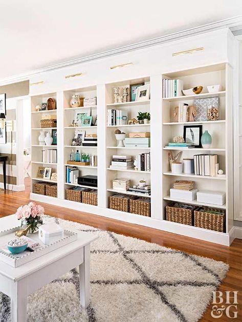 Calling all bookworms! See how to make this beautiful DIY library wall without breaking the bank! #librarywall #diylibrarywall #diybookshelf Hal Decor, Home Library Rooms, Built In Shelves Living Room, Transitional Decor Bedroom, Ikea Billy Bookcase, Library Wall, Home Library Design, Home Storage Solutions, Perfect Living Room