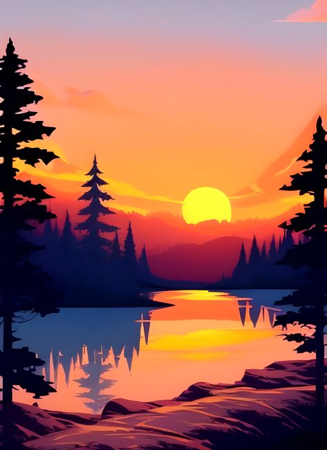 https://www.redbubble.com/i/art-board-print/Add-a-Touch-of-Beauty-and-Tranquility-to-Your-Home-with-Our-Wide-Range-of-Gorgeous-Minimalist-Landscape-and-Lake-Sunrise-Prints/137888694.TR477?asc=u Red Landscape Art, Illustration Scenery Landscapes, Wide Landscape Paintings, Digital Art Scenery Landscapes, Digital Landscape Art Simple, Simple Lake Painting, Flat Landscape Design, Lake Scenery Landscapes, Sunrise Painting Easy