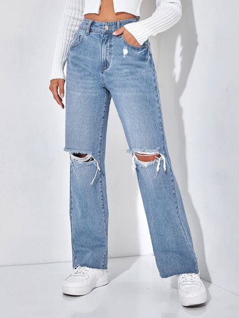 SHEIN PETITE Ripped Straight Leg Jeans Cute Ripped Jeans, Ripped Blue Jeans, Straight Leg Jeans Outfits, Ripped Jeans Outfit, Jeans Outfit Women, Cute Lazy Day Outfits, Shein Outfits, Casual Day Outfits, Cute Pants