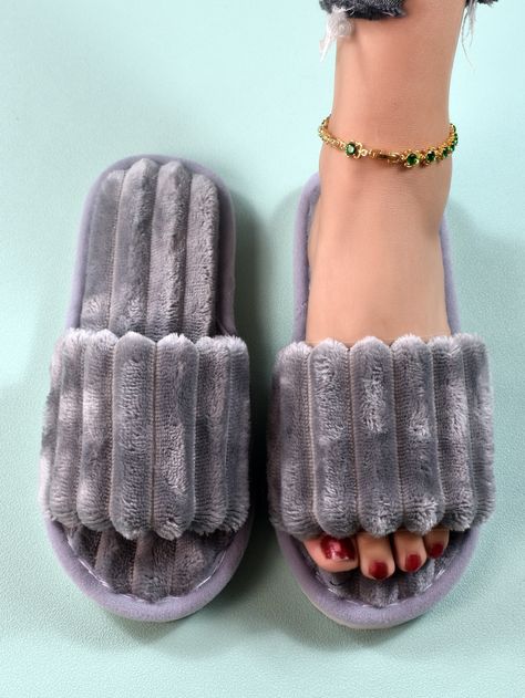 Grey Fashionable Collar   Plain Bedroom Slippers Embellished   Women Shoes Platform Shoes, Plain Bedroom, Fluffy Bedroom, Indoor Shoes, Bedroom Slippers, Home Slippers, House Slippers, Product Page, Skate Shoes