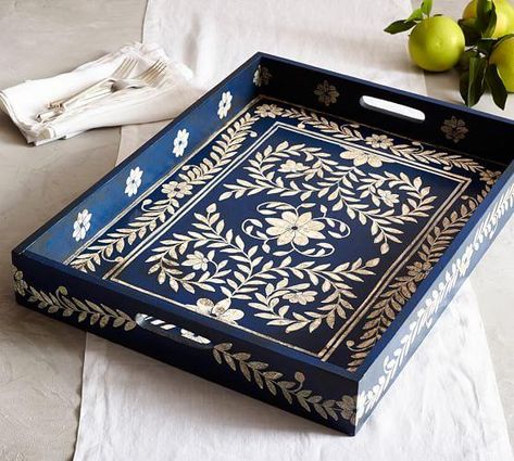 Decor/accessories - Handcrafted and painted by skilled artisans, this stunning tray combines a traditional floral motif with a simplified color scheme of white on indigo. Pattern Batik, Decoupage Tray, Diy Tray, Painted Trays, Paint Tray, Diy Art Projects, Hand Painted Furniture, Wooden Tray, Home Decor Accessories