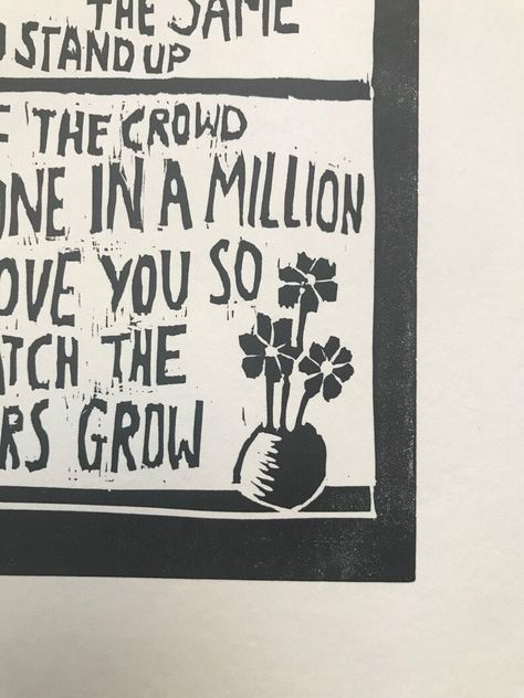 "This is a linocut created by myself of song lyrics from the Travis song 'Flowers in the Window'. It's a bit different from my usual method - I have cut out the background rather than the letters, it took a lot longer hence the slightly higher price! It is printed in a very dark grey or dark grey with a coloured flower as shown in photos, as they're all slightly different as they individually hand printed, I have created an option for each one with corresponding photo.  The print measures 6x8\", would fit perfectly in a 10x12\" frame, and looks great with a mount.  I will send it in a sleeve and hardbacked envelope, standard postage, but see shipping for available upgrades! Thanks for looking New option to add a mount https://www.etsy.com/uk/listing/1308038209/ (Please note photo of print Recycling Sorting, Instagram Prints, Linocut Prints, White Cat, The Window, Linocut, Cat Love, Blank Cards, Wood Print