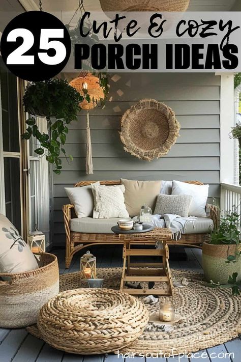 25 Cute & Cozy Small Front Porch Ideas - Hairs Out of Place Outdoor Pillows On Bench, Porch Swing Pillows, Southern Porch Ideas, Small Front Porch Seating, Front Porch Sitting Area, Cozy Front Porch Ideas, Boho Front Porch, Porch Furniture Layout, Front Porch Seating Ideas