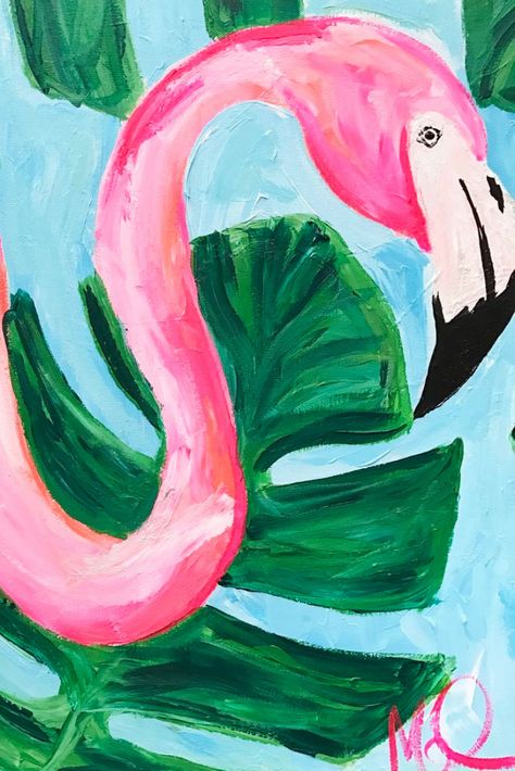 Classic Flamingo Painting | Tropical Leaves & Frond Designs. | Colorful and Bright Artwork | Easy and fun wall ideas #flamingopainting #flamingoprint #megancarn #tropicaldesigns Easy Acrylic Painting Ideas, Animal Paintings Acrylic, Easy Acrylic Painting, Flamingo Painting, Acrylic Painting Ideas, Tropical Painting, Colorful Paintings Acrylic, Simple Canvas Paintings, Cute Canvas Paintings
