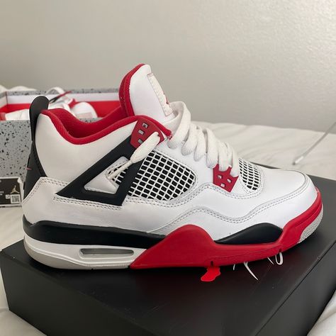 Jordan 4 Gs Fire Red!!! Size 6.5 Great Condition Only Wore Once! Message For Any Questions! Pink 4s Shoes, Jordans For Women Red, Jordan 4s Red Cement, Air Jordans Retro 4, Jordans For Girls Shoes, Jordan 4 Shoes For Women, Jordans 4 For Women, Black Women Jordans Outfit, Red Jordans 4s
