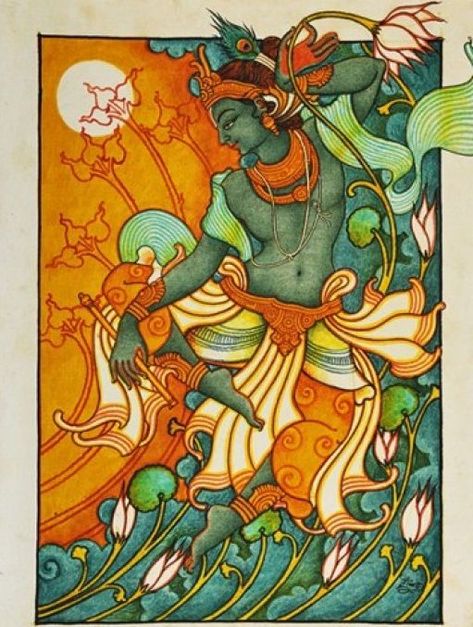 Kerala Mural Art Krishna, Kerala Mural Painting Krishna, Mural Art Indian, Indian Mural Wall Art, Krishna Mural Painting, Mural Painting Kerala, Mural Painting Ideas, Dancing Krishna, Kerala Mural Art