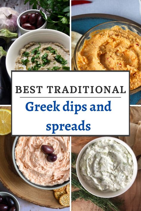 Best traditional Greek dips and spreads. Canapés, Greek Dips And Spreads, Recipes From Greece, Greek Chicken Dip, Greek Food Appetizers, Greek Bread Dip, Greek Tapas Recipes, Traditional Greek Meals, Greek Dinner Party Ideas