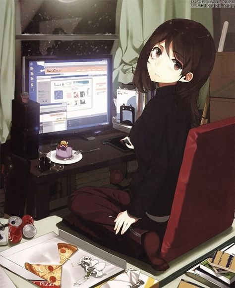 The more you say go study the longer i decide to be by the comp :p Computer Illustration, Art Kawaii, Anime Room, Art Manga, Anime People, Geek Culture, Anime Life, Art Anime, I Love Anime