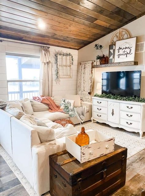 Maximalist Farmhouse Living Room, Farmhouse Lodge Living Room, Mobile Home Fall Decorations, Modular Home Interior Design, Mobile Home Siding Remodel, Tiny Farmhouse Living Room Ideas, Mobile Home Fall Decor, Single Wife Trailer Living Room, Mobile Home Single Wide Interiors