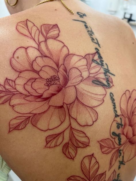 Back Tattoo Black Women Full, Sister Back Tattoos, Full Flower Back Tattoo, Leg Tattoo Women Aesthetic, Back Roses Tattoo Women, Nature Back Tattoos For Women, Shoulder Tattoos For Women Line Work, Red Flower Outline Tattoo, Line Art Back Tattoo Women