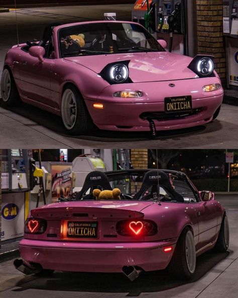 Mazda Miata Mx5 Interior, Thing To Do In The Car, Pink Buggy Car, Pink Car With Eyelashes, Pink Mx5, Mazda Miata Pink, 2000s Car Aesthetic, Pink Miata Mx5, Cool Cars Aesthetic