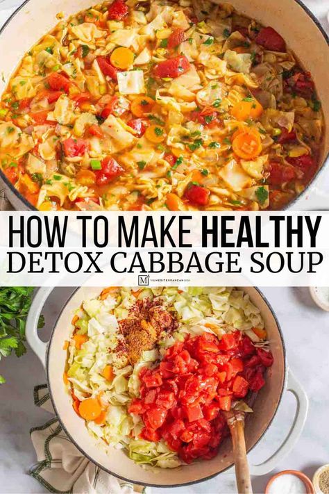 Detox cabbage soup with cabbage, turmeric, warming spices, garlic, veggies and fresh ginger. Vegan, gluten free, healthy cabbage soup recipe! Detox Cabbage Soup, Salad Combinations, Garlic Veggies, Soup With Cabbage, Healthy Cabbage Soup, Healthy Cabbage, Detox Soup Cabbage, Cabbage Soup Recipe, Cabbage Soup Diet Recipe
