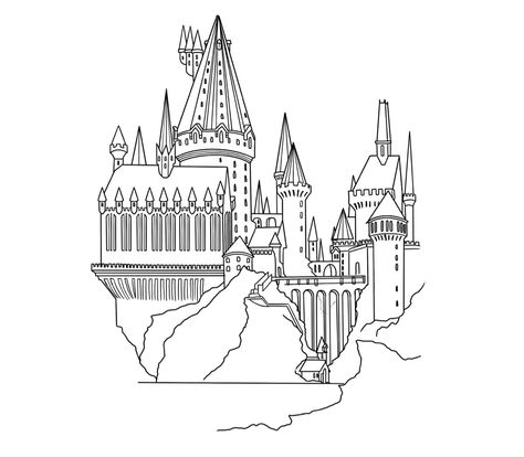 Hogwarts Castle Line Art, Hogwarts Castle Outline Tattoo, Harry Potter Castle Drawing Easy, Hogwarts Line Drawing, Hogwarts Castle Illustration, Hogwarts Castle Tattoo Outline, Hogwarts Castle Drawing Easy, Hogwarts Outline Drawing, Hogwarts Castle Drawing Simple