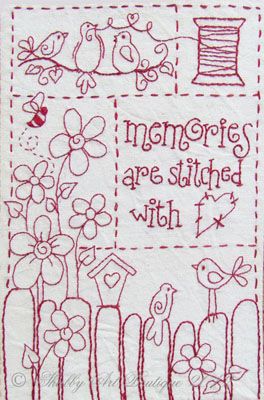 Free stitchery pattern — Memories are stitched with love. http://www.woodberrydesigns.com.au/Shabby%20Art%20Boutique%20Free%20Stitchery%20Pattern.pdf Redwork Embroidery Patterns, Redwork Patterns, Primitive Stitchery, Redwork Embroidery, Quilt Labels, Pola Sulam, Embroidery Patterns Vintage, 자수 디자인, Embroidery Patterns Free