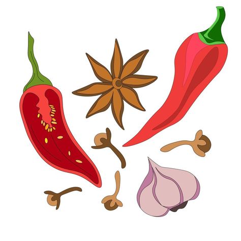 Spices Doodle, Garlic Vector, Hot Spices, Red Chili Peppers, Doodle Style, Farm Design, Red Chili, Vector Drawing, Farmer's Market