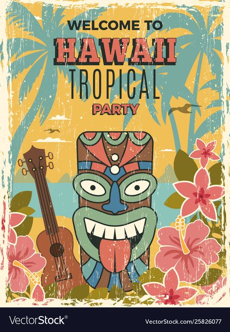 Hawaii poster summer dance party invitation tiki Vector Image Hawaii Party Invitation, Hawaii Party Aesthetic, Hawaiian Party Invitations, Tiki Poster, Tiki Party Ideas, Hawaii Invitation, Summer Dance Party, Invitation Housewarming, Hawai Party