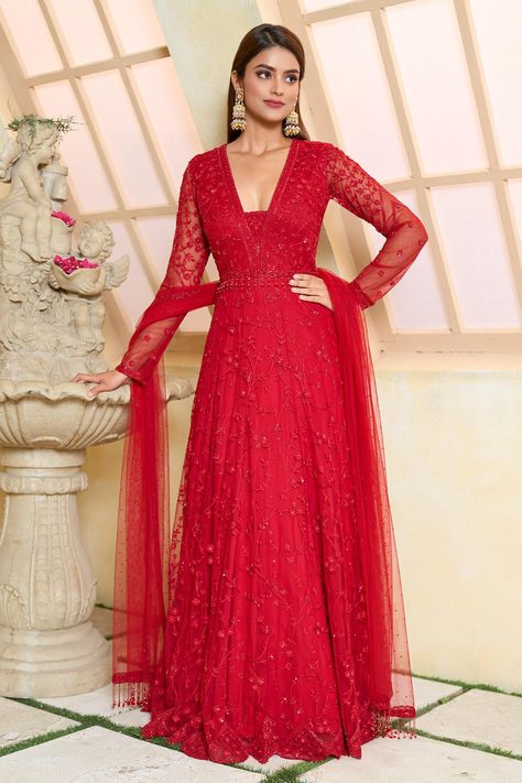 Couture, Red Anarkali Suits, Red Anarkali, Anarkali With Dupatta, Butterfly Net, Embroidered Anarkali, Satin Set, Indian Look, Long Gown Dress