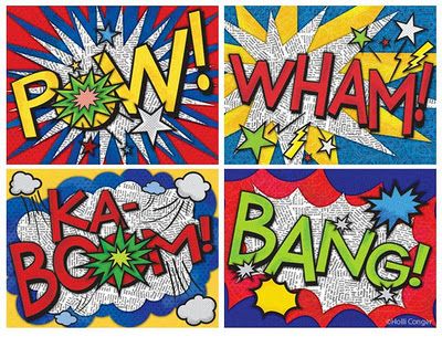 Onomatopoeia Art -- Comic book style. Love the word onomatopoeia, and I love that it's on recycled paper. Classe D'art, Art Coaster, Superhero Classroom, Bd Art, 6th Grade Art, 5th Grade Art, Ecole Art, Roy Lichtenstein, High School Art